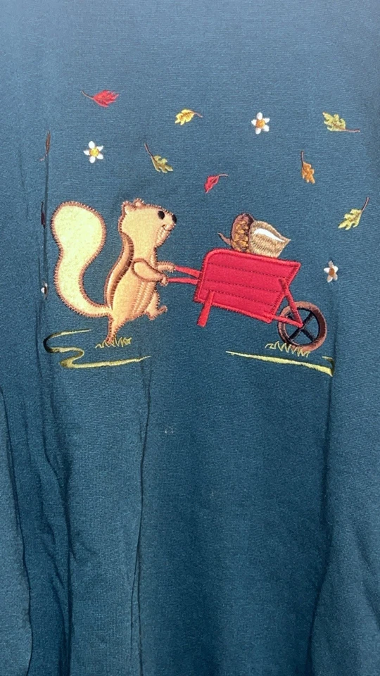 Sudadera Años 90 Bold Spirit Otoño Ardilla Bordada Verde Grande Cuello Redondo Usada en Excelente Condición Foto 2 de 4