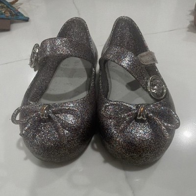 Mini Melissa Girls Silver Glitter Bow Buckle Mary Jane Lightweight Flats