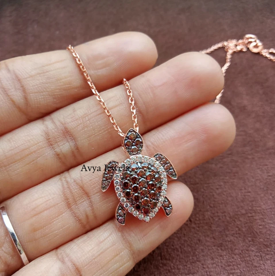 2 CT Round Brown Diamond Aloha Turtle Sea Pendant Necklace 14K Rose Gold Plated - Image 2 of 4