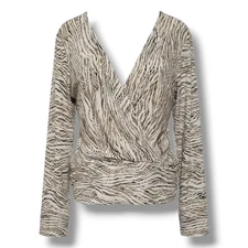 H&M Women’s Cream Animal Print Wrap Blouse – Large, Polyester Blend, Gently Used