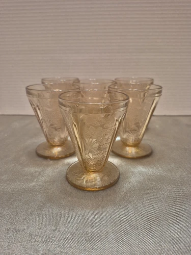 Vintage Jeanette Floral Poinsettia Pink Depression Glass Footed Tumbler Lot of 6