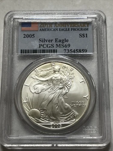 2005 $1 AMERICAN SILVER EAGLE PCGS MS69 20th ANNIVERSARY EAGLE PROGRAM