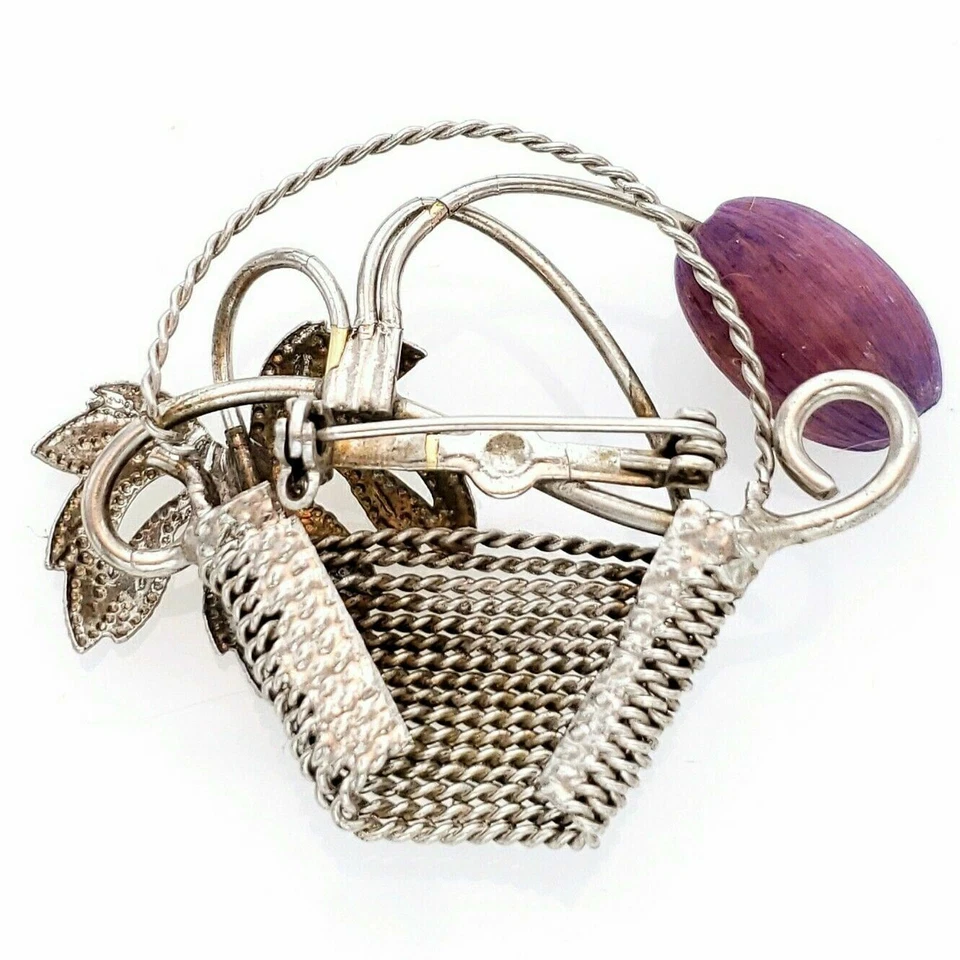 Mint Vintage Coro? Silver Tone Wirework Purple Dyed Wood Basket Brooch Pin - Image 2 of 4