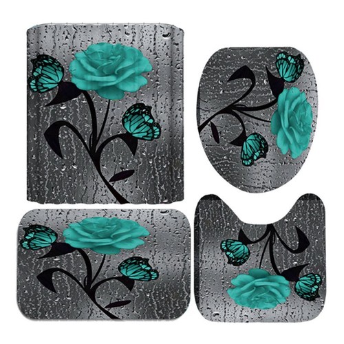 4pcs/set Bathroom Shower Curtain Anti-slip Bath Mat Lid Toilet Cover Rug Decor - Picture 13 of 22