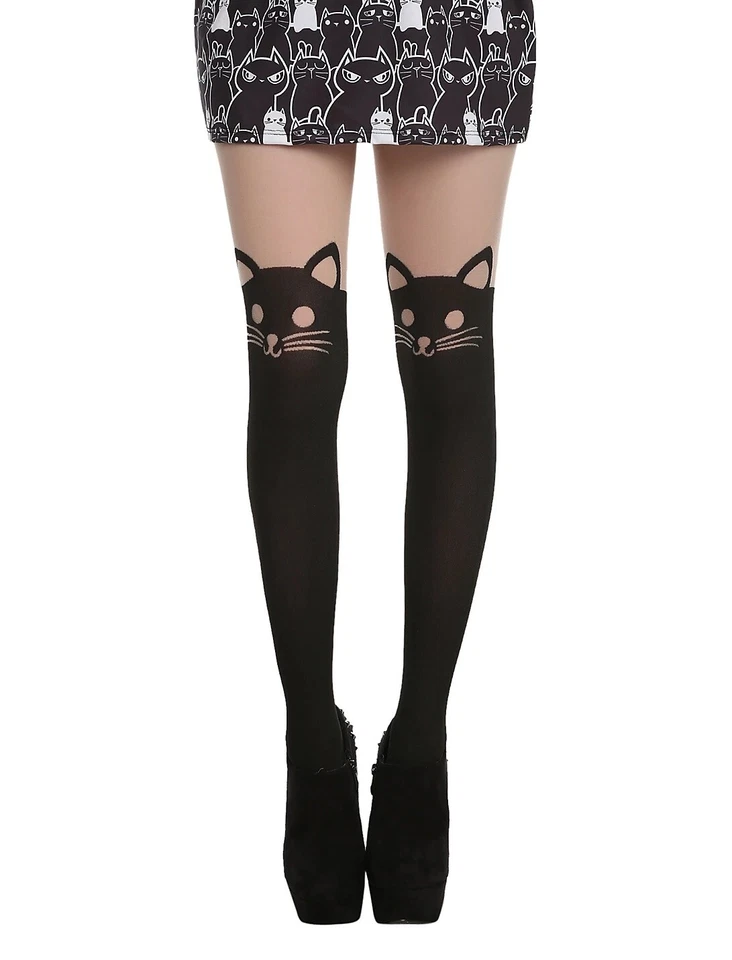 HOT TOPIC BLACK HEART SHEER OPAQUE CAT FACE FAUX THIGH HIGH TIGHTS O/S NWT - Image 2 of 3