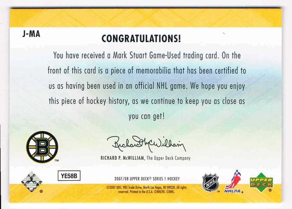 2007-08 UD GAME JERSEY MARK STUART JERSEY 1 COLOR BOSTON BRUINS #J-MA - Image 2 of 2