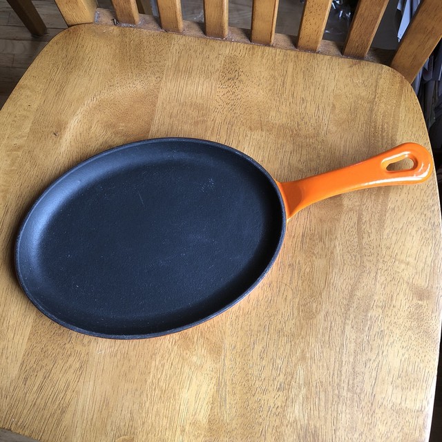 TECHNIQUE Enameled Cast Iron Orange Oval Skillet Pan Fajita Griddle