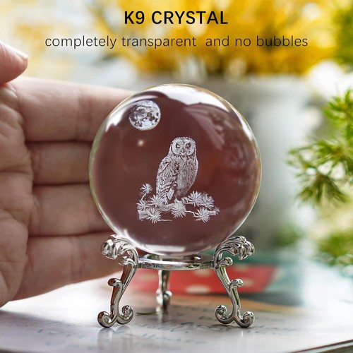 Lifelike 3D Laser Crystal Owl Ball with Silver Stand - Perfect Gift Piece - Picture 7 of 9