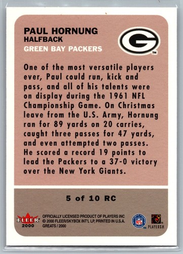 Paul Hornung Packers 2000 Fleer Greats of the Game Retrospection Collection - Picture 2 of 2
