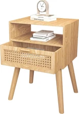 Nightstand with Rattan Door Wooden Bedside Table End Table Drawer Storage