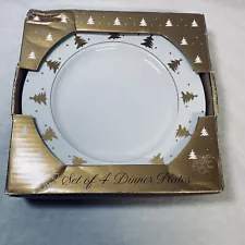 Golden Pines By Tienshan White Gold Trees Trim 10½" Dinner Plates Set of 4 New