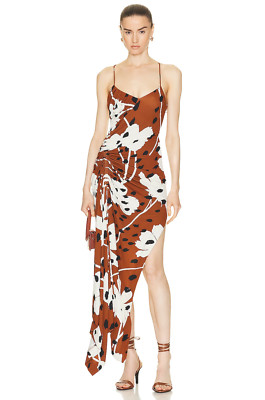 MONSE Brown Black White Floral Print Draped Asymmetric Ruched Slip Dress 4 = S