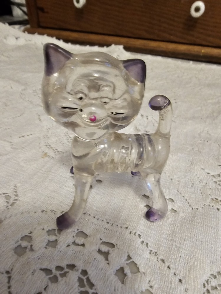 Vintage Acrylic Cat Figurine Clear W/Purple 3