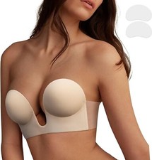 Sticky Bra Push Up,Invisible Adhesive Bras,Deep V Strapless No Show Nude/Cup C 