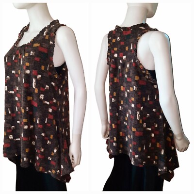 ADORE Abstract Print Sweater Knit Handkerchief Hem Sleeveless Tunic Top Sz M...