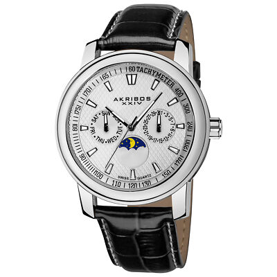 New Men's Akribos XXIV AK573SS Swiss Quartz Moon Phase Multifunction Strap Watch