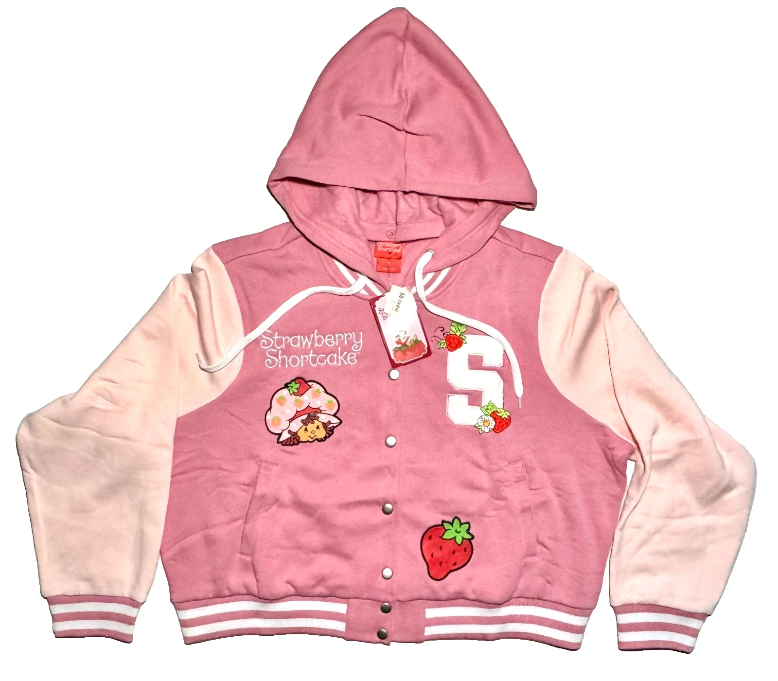 Strawberry Shortcake Pink Removable Hooded Varsity Jacket Size SM,MD, Plus 1, 2