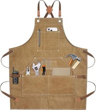 Khaki Handmade Work Apron with 11 Tool Pockets, Heavy Duty Waxed Canvas Works...
