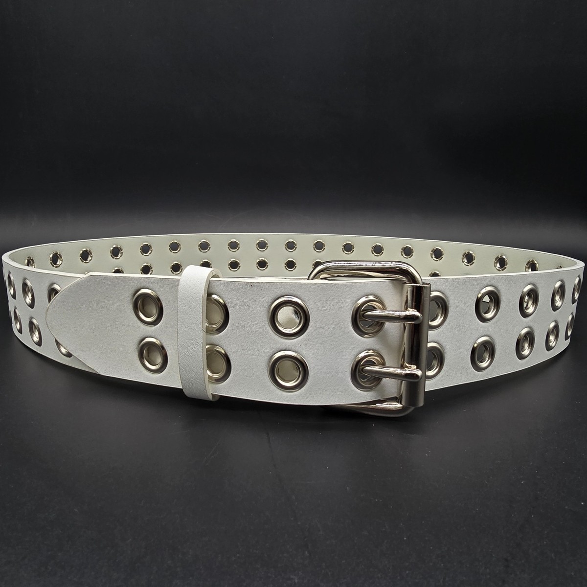 White Genuine Leather Grommet Eyelet Studded USA Made Three Row