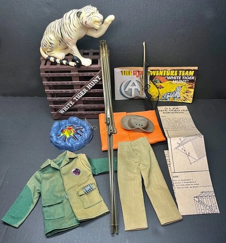 GI Joe Adventure Team White Tiger Hunt Outfit Gear Gun Orange Tent Cage Etc.1972