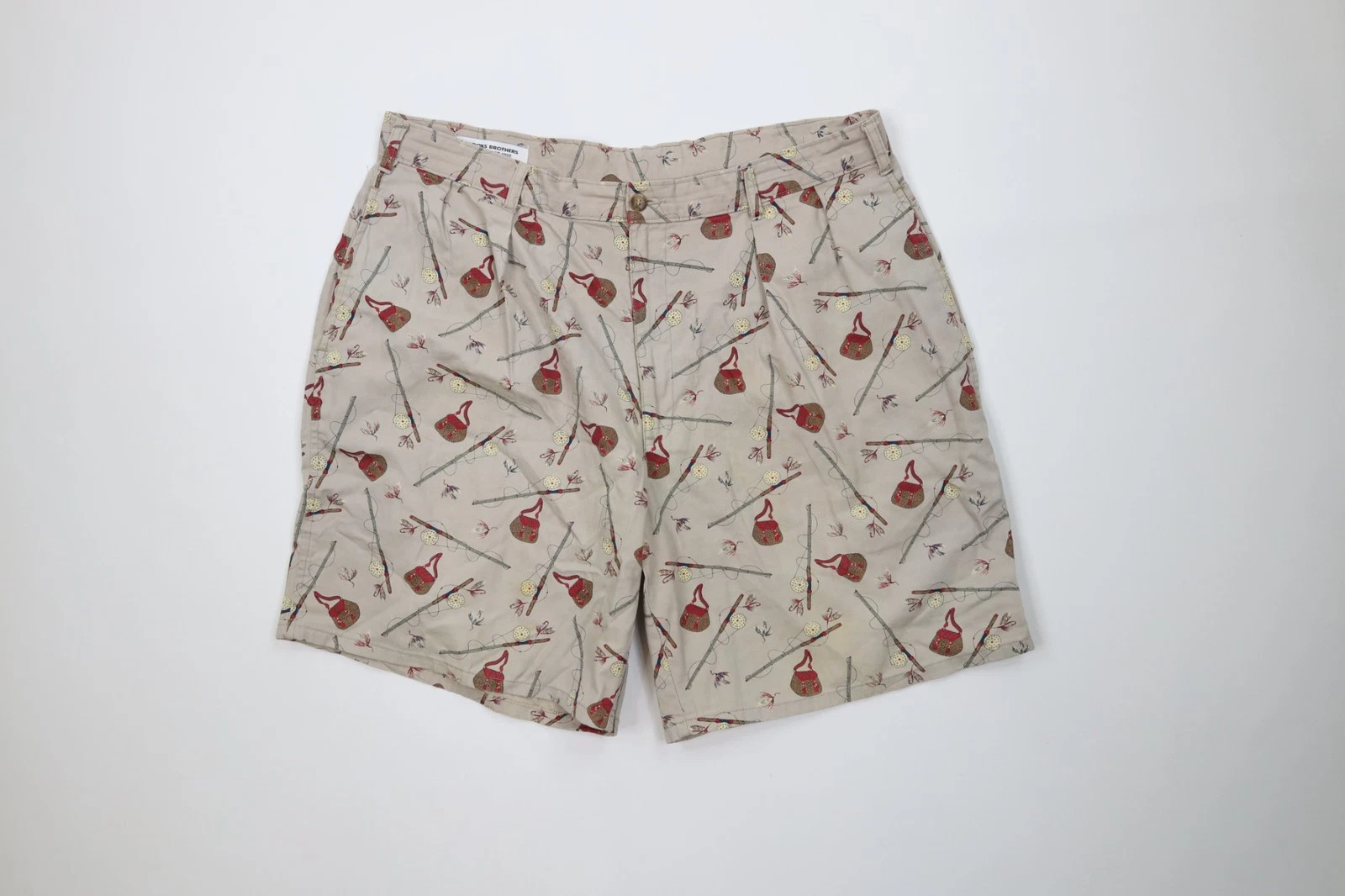 Vintage 80s 90s Brooks Brothers Mens 38 Fly Fishing All Over Print Chino Shorts