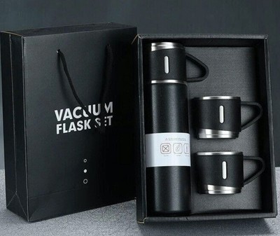 Isolierflasche Geschenkset Edelstahl Thermoflasche 3 Tassen schwarz Geschenk