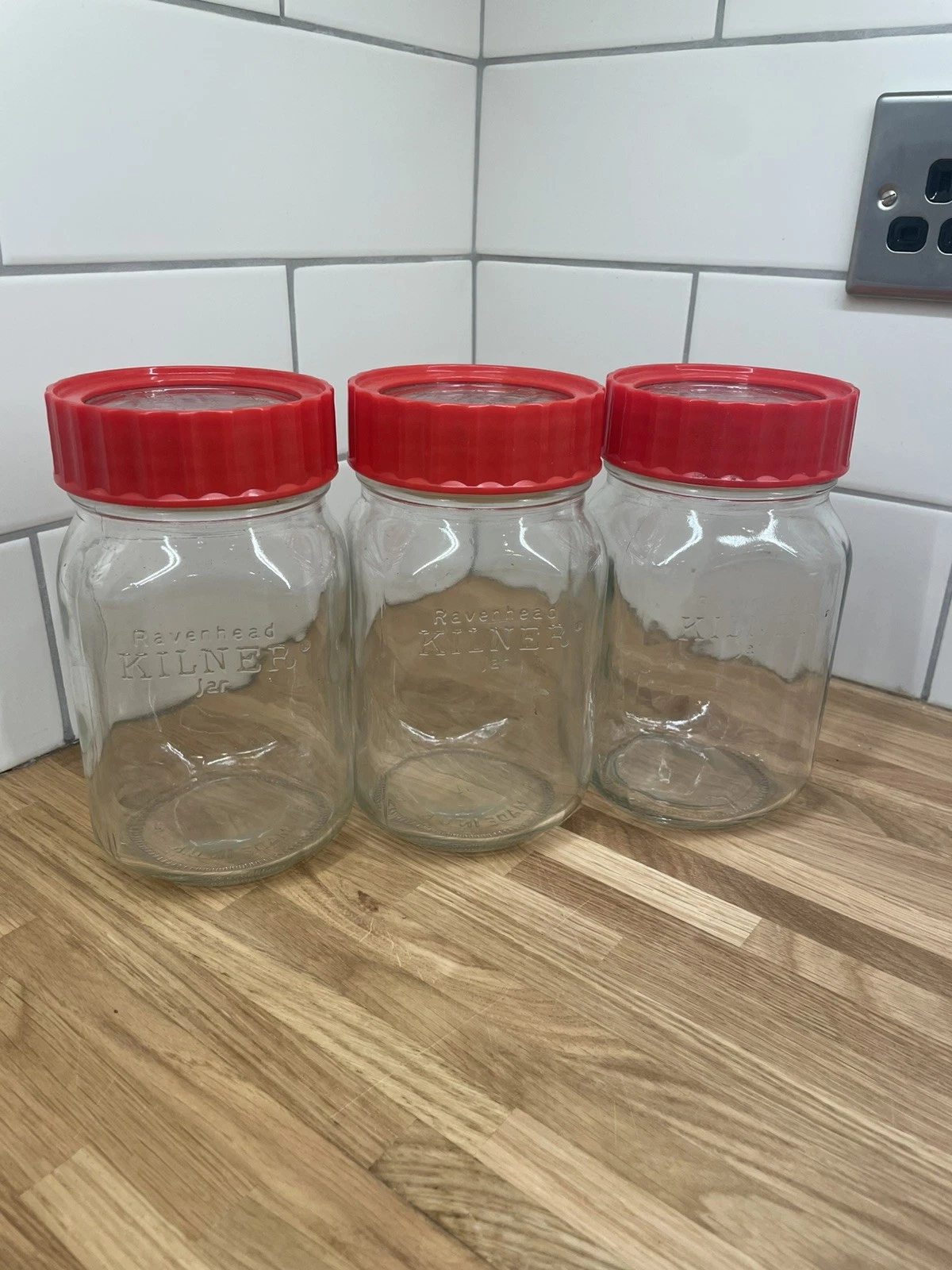 Ravenhead Kilner Glass Jars Set of 3 And Red Screw Tops Vintage