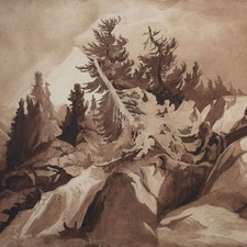 Berglandschaft Bäume Felsen Sonne Nevina Radaković  Aquarell um 1880