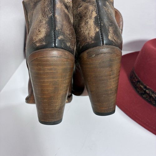 Freebird Brown Distressed Ankle Stacked Heel Western Booties Size 8 Women’s - Picture 12 of 19