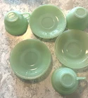 set of 3 Vintage Ribbed Fire-King Jadeite Cups & Saucers Jane Ray