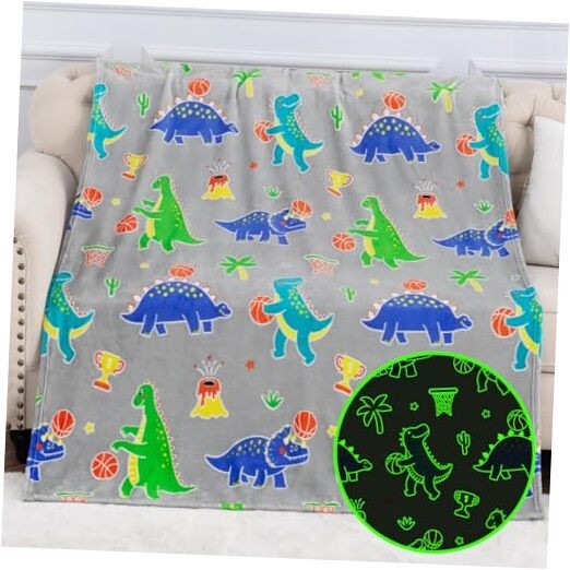 Glow in the Dark Dinosaur Blanket 50x60 Inches Grey Toy Gift for Boys