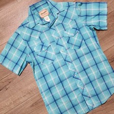 Wrangler Mens M Western Shirt Short Sleeve Pearl Snap Plaid Blue WM224TQ