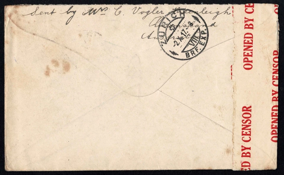 Australia 1917 WW1 Cover, Beenleigh to Switzerland, Censored, Enemy Country - Image 3 of 3