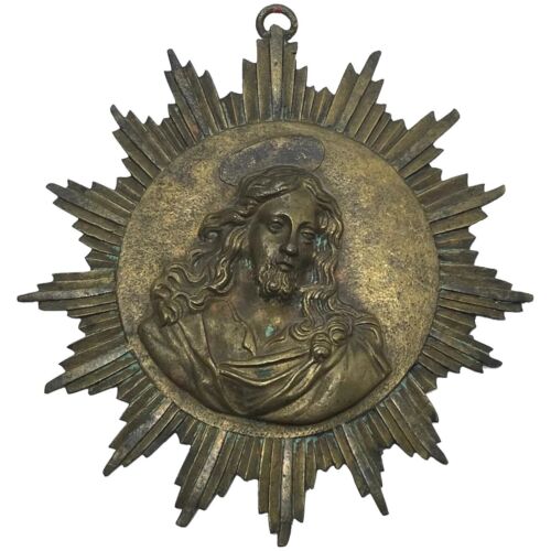 Small French 19th Century Brass Religious Jesus Sunburst Wall Hanging - Picture 1 of 12