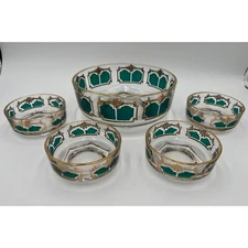 Vintage Jeanette Glass Chip and Dip Set 1960's Set of 5 Green and Gold MCM
