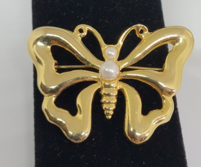 Signed AAI Gold Tone Faux Pearl Butterfly Pin 1.75