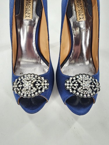 Badgley Mischka Blue Satin Peeptoe Heels sz 9.5 Wedding Evening Shoes Crystals - Picture 5 of 7