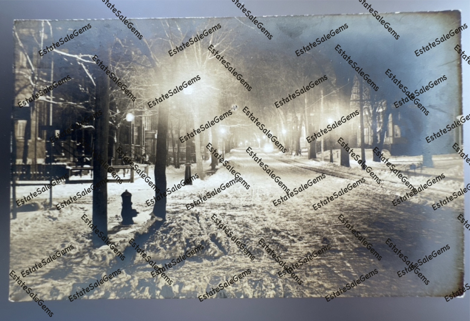 Antique RPPC 1917 nighttime snowy street scene Real Photo Postcard 