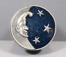 Pewter & Enamel Round Trinket Box / Holder w/ Jester (Half Moon) & Stars on Lid