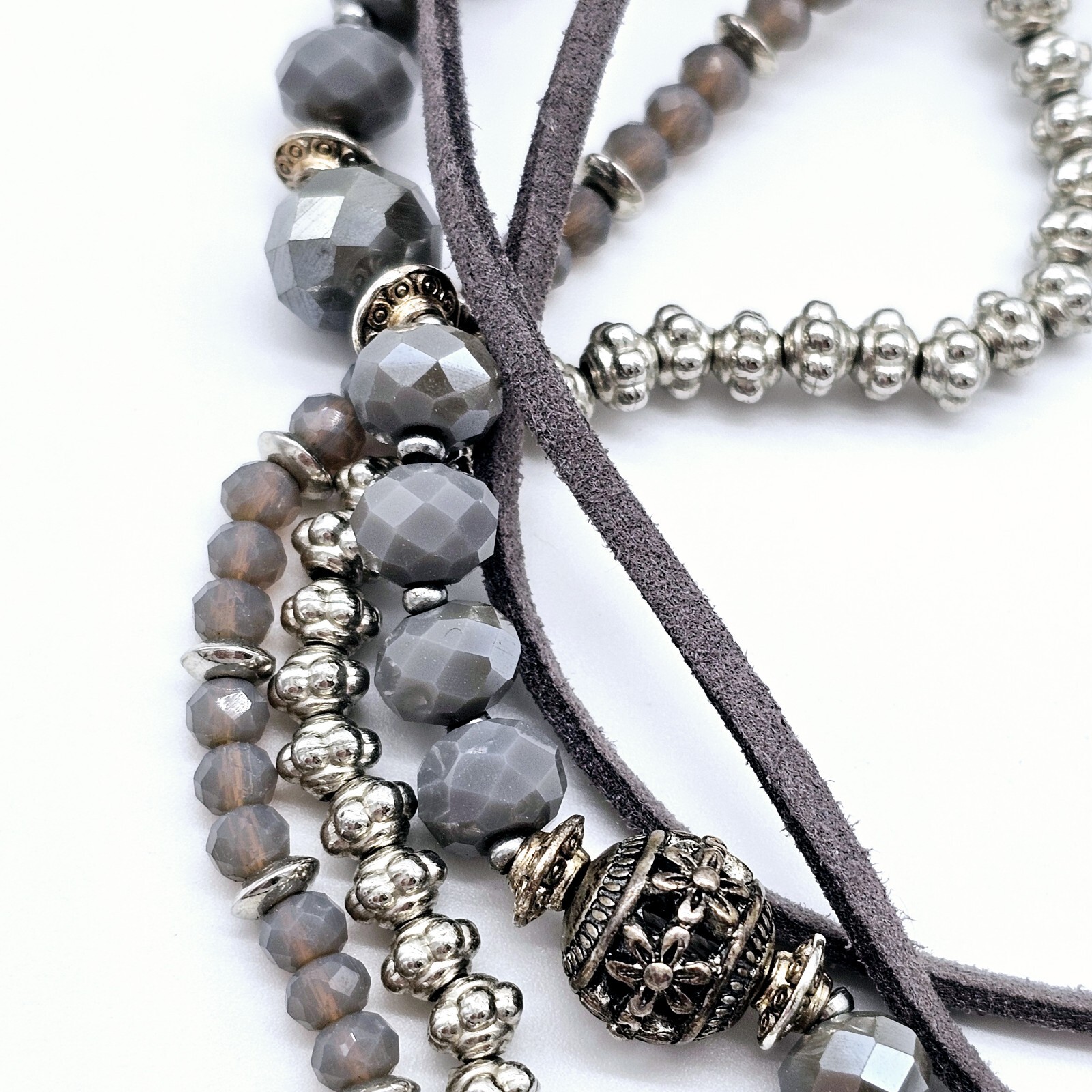 Floating Moon Statement Necklace Gray Leather Fac… - image 5