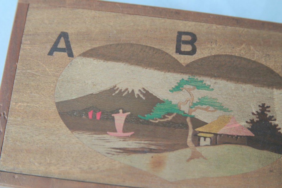 Vintage Japanese Sliding Letter Puzzle Wooden Box Made in Japan Mount