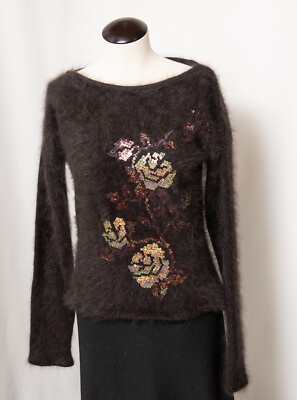 Roccobarocco 80% Angora Fluffy Furry Fuzzy Chocolate Brown Sweater Sz.12 NWT