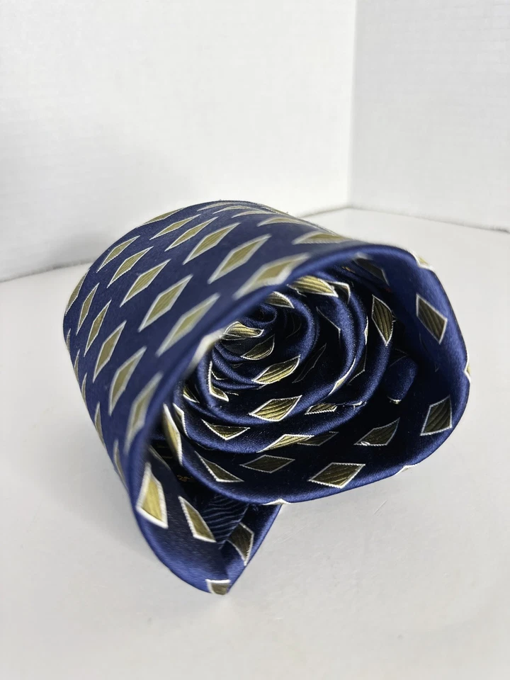 HENRY JACOBSON Silk Tie Necktie Designer Geometric Blue/Gold EUC - Image 3 of 3