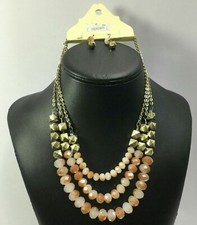 Orange Cream Gold Bead 3 Strand Layered Necklace Set With Earrings