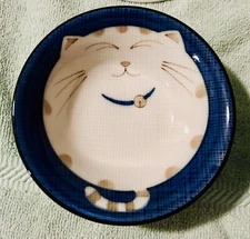 Set Of 4 Warai Neko Smiling Happy Cat Noodle Or Rice Bowl Blue, Japan, Stamped