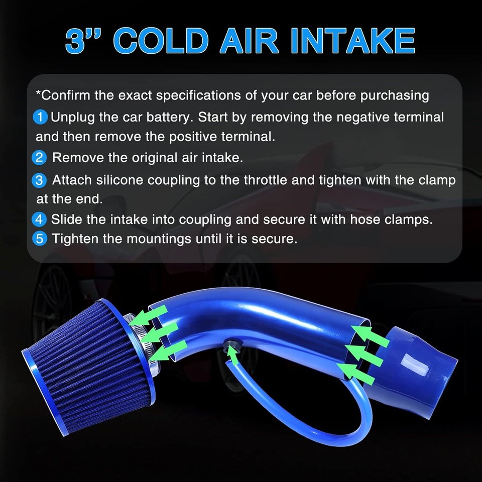 Universal Cold Air Intake Filter Induction Kit - 3" Aluminum Pipe, Red Filter