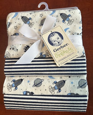 NWT Gerber Organic 4-Pack Flannel Blankets, Outerspace and Stripe Blue 30X30