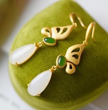 White Jade Droplet Shaped Earrings 18K Gold-plated Inlaid Jasper Ear Hook