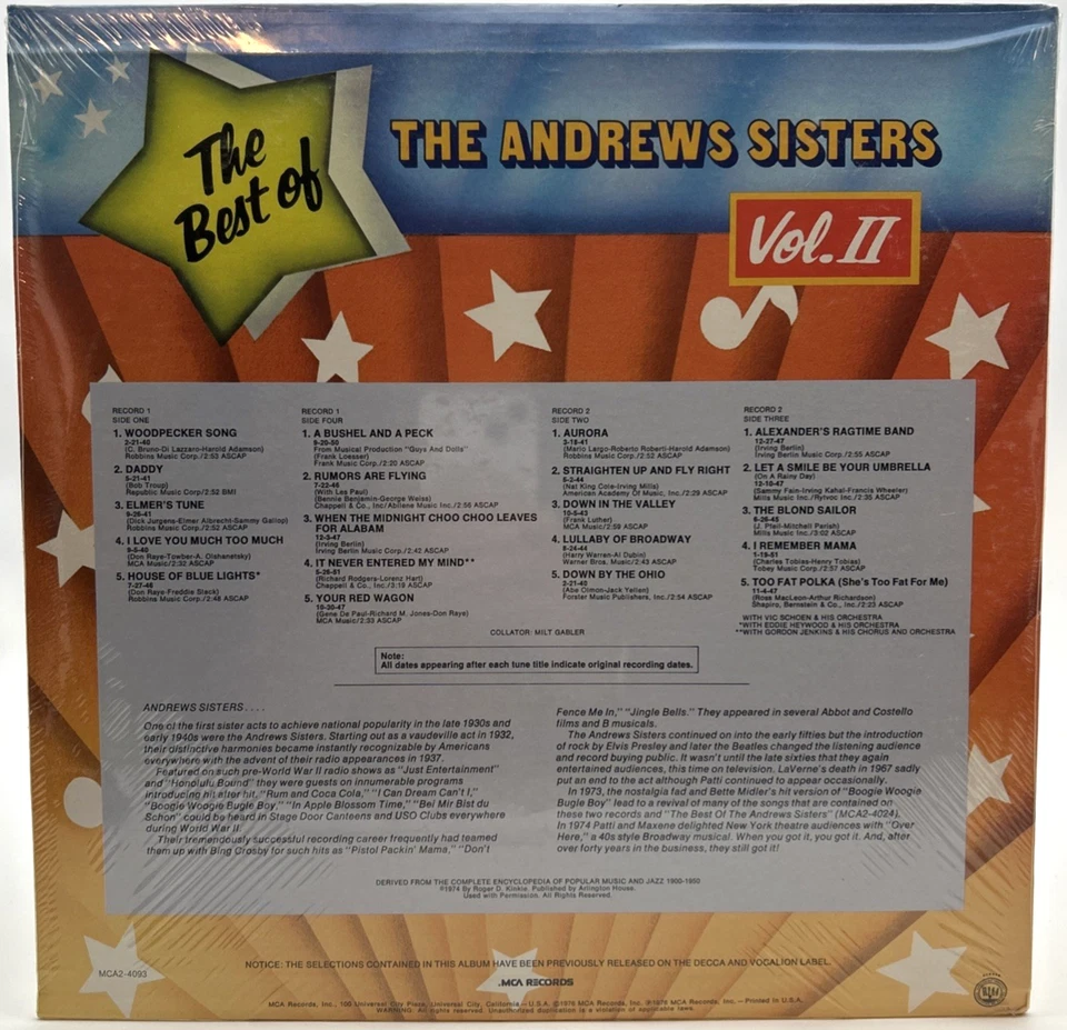 New / Sealed "The Best Of The ANDREWS SISTERS Vol. II" 2xLP 1976 MCA2-4093 - Image 2 of 2
