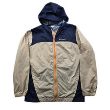 Columbia Windbreaker Jacket Kids Large 14/16 Navy Tan Nylon Hooded Rain Wind